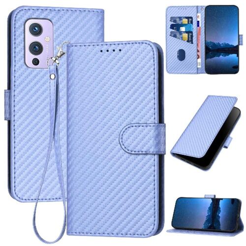 Flip Étui Pour Oneplus 9 Avec Fente Pour Carte Et Béquille Surface De Fibre De Carbone Avec Sangle Détachable Cuir Premium - Violet