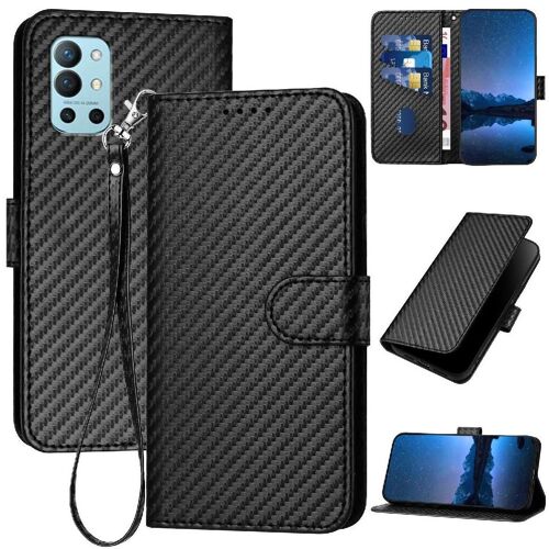 Flip Étui Pour Oneplus 9r Surface De Fibre De Carbone Cuir Premium Avec Fente Pour Carte Et Béquille Avec Sangle Détachable - Noir