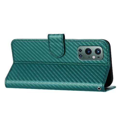 Flip Étui Pour Oneplus 9r Surface De Fibre De Carbone Cuir Premium Avec Fente Pour Carte Et Béquille Avec Sangle Détachable - Vert Foncé