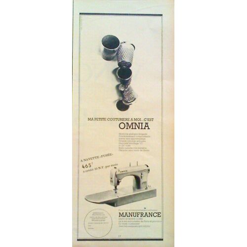 (Pub) Publicité Ancienne (Avril 1963) Pour La Machine À Coudre Électrique À Navette Fusée " Omnia " De Manufrance