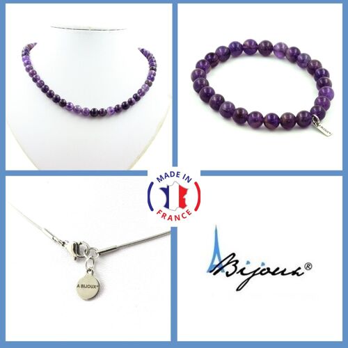 Parure Bijoux Bracelet Collier Perles Améthyste 8 Mm. Chaine En Acier Taille Personnalisable.