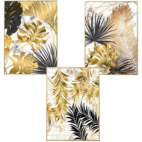 Lot De 3 Affiches Murales Design Avec Motifs Foret, Feuille Dorees, Palme, Sans Cadre, Decoration Murale Pour Le Salon Styled Goodnice