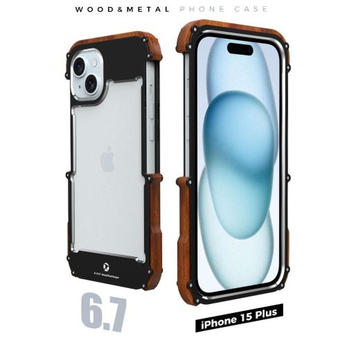 Étui Pour Iphone 15 Plus, Protection Contre Les Chutes En Aluminium, Protection De Cadre De Pare-Chocs En Bois En Métal Antichoc - Noir