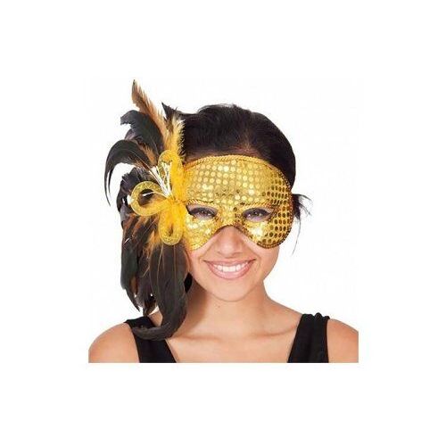 Masque Loup Venitien Dore Avec Sequins Or Et Plumes Noires, Adulte - Mascarade, Carnaval