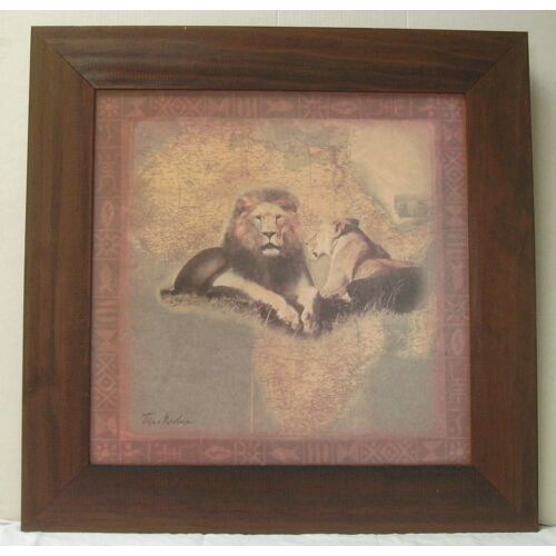 Cadre Peinture Sur Bois " Animaux De La Savane Lion Et Lionne "