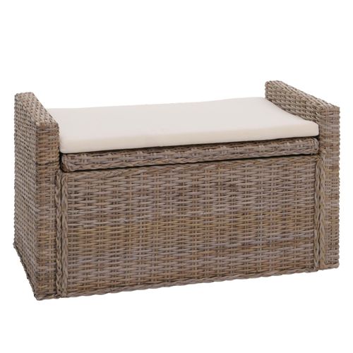 Coffre De Rangement M92, Coffre Banc De Vestiaire, Coussin Kubu Rotin 88cm   Gris-Brun