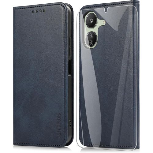 Coque Pour Xiaomi Redmi 13c 4g (6.74"") Avec 1 Verre Trempé,Etui Premium Housse En Cuir Pochette Protection Portefeuille Case Magnétique Étui Pour Xiaomi Redmi 13c 4g - Bleu