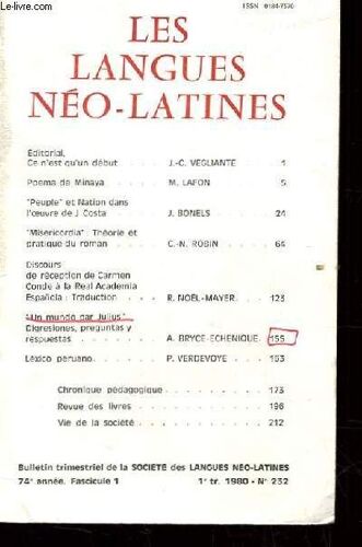 Les Langues Neo-Latines N°232. 74e Annee. Fascicule 1