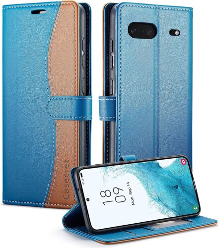 KAL-Coque Pour Google Pixel 7 5G Housse En Cuir Avec Magnetique Etui Rfid Blocage Protection Pochette Porte Cartes Portefeuille Mince Wallet Case - Bleu Et Brun