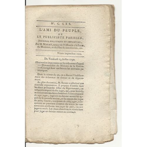 L'ami Du Peuple Ou Le Publiciste Parisien N° 170 Journal Politique Et Impartial Par M. Marat