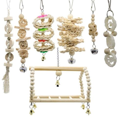 Jouets À Mâcher Pour Perroquets, Cloche Suspendue En Bois Naturel, Cage À Oiseaux, Jouets Adaptés Aux Petites Perruches, Cockatiels, Conures, 7 Paquets