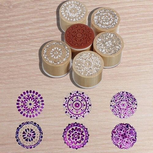 6 Assortiment De Tampon En Caoutchouc En Bois Rond Écriture Florale Artisanat De Fleurs