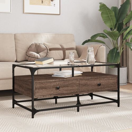 vidaXL Table basse et dessus en verre chêne marron 98,5x50x45 cm acier