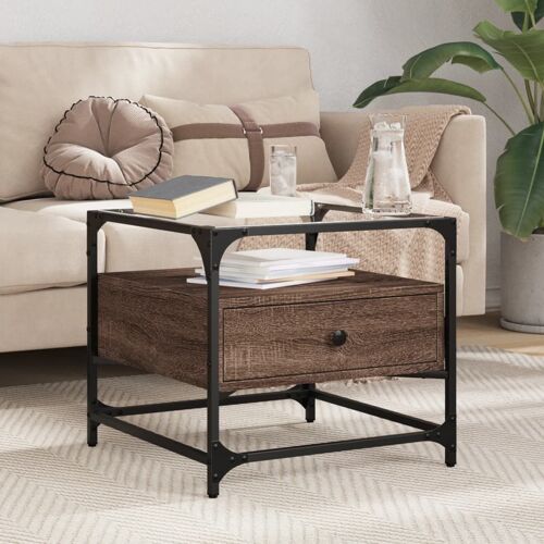 vidaXL Table basse et dessus en verre chêne marron 50x50x45 cm acier