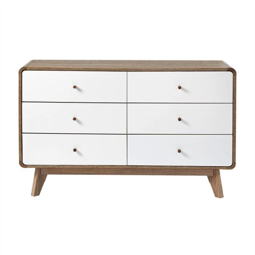 Commode 6 Tiroirs Décor Bois Et Blanc - L120 Cm