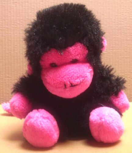Peluche Gorille Assis 22 Cms Noir Et Rose A Longue Queue Rose