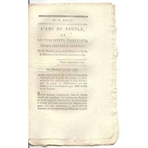 Ami Du Peuple (L') Ou Le Publiciste Parisien  N° 135 : Journal Politique Et Impartial Par M Marat Auteur De L'offrande À La Patrie Du Moniteur, Et Du Plan De Constitution Ect...