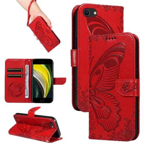 Flip Étui Pour Iphone 6/6s Papillon En Relief Avec Fente Pour Carte De Crédit Sangle De Main Détachable Cuir De Haute Qualité - Rouge