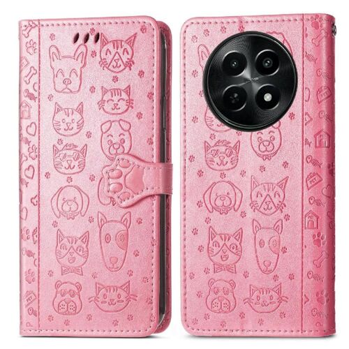 Flip Étui Pour Realme 12 Étui En Cuir Antichoc Couverture Rabotant Sangle Courte Animaux De Dessin Animé - Couleur Rose