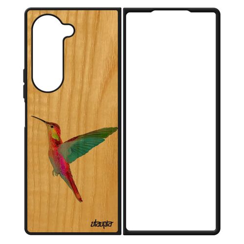 Coque Colibri Samsung Galaxy Z Fold 6 En Bois Silicone Ecologie Oiseau Housse Etui 4g Peinture Animal Nature Design Dessin Plumes De