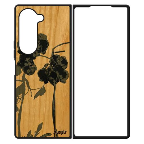 Coque Z Fold 6 En Bois Et Silicone Orchidée Fleur Souple Etui Peinture Jolie Cadeau Fete Des Meres Tropical Portable Samsung Galaxy