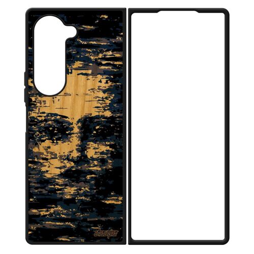 Coque Portrait Visage Samsung Z Fold 6 En Bois Silicone Peinture Bleu Art Visage De Protection Smartphone Noir Creation Homme Galaxy