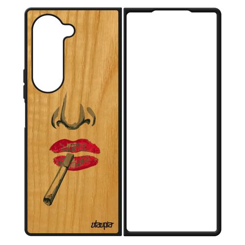 Coque Portrait Z Fold 6 Bois Silicone Unique Levres Clope Bisou Mobile Noir Original Cigarette Rose Souple Portable Samsung Galaxy