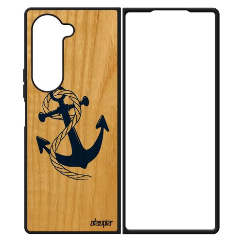Coque En Bois Pour Samsung Galaxy Z Fold 6 Silicone Ancre Marine Fantaisie De Bateau Chaine Rayé Telephone Corde NUd Made In France