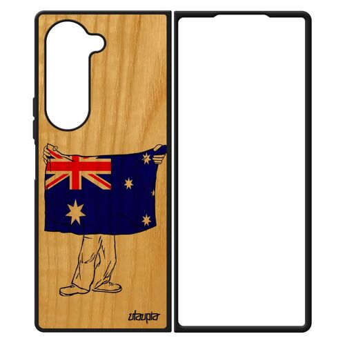 Coque Silicone Pour Samsung Z Fold 6 En Vrai Bois Drapeau Australie Australien Football Jeux Olympiques Jo Coupe Du Monde Tpu Galaxy