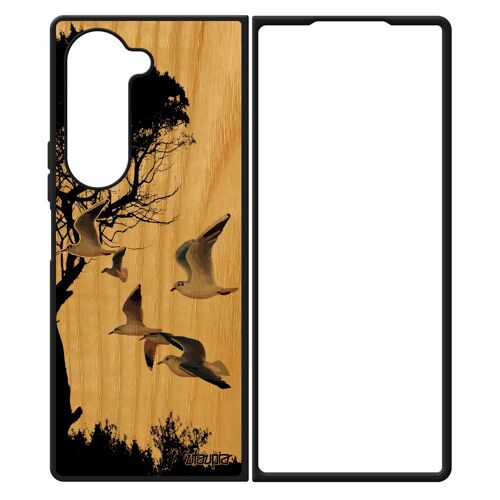 Coque Bois Pour Z Fold 6 Silicone Oiseaux Mouettes Animaux Housse Design Gris Nature Rigide De Protection Arbre Mer Samsung Galaxy