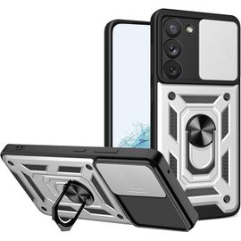 Coque Pour Samsung Galaxy S23 5g Avec Cache Webcam & Support Annulaire A 360 Degres, Anti-Chute Etui Housse Compatible Avec Support De Voiture Magnetique, Argent