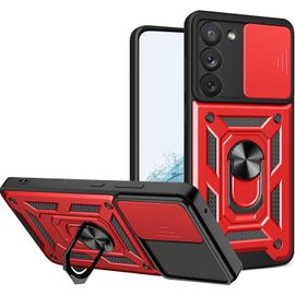 Coque Pour Samsung Galaxy S23 5g Avec Cache Webcam & Support Annulaire A 360 Degres, Anti-Chute Etui Housse Compatible Avec Support De Voiture Magnetique, Rouge