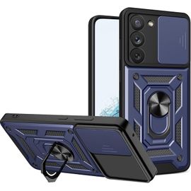 Coque Pour Samsung Galaxy S23 5g Avec Cache Webcam & Support Annulaire A 360 Degres, Anti-Chute Etui Housse Compatible Avec Support De Voiture Magnetique, Bleu