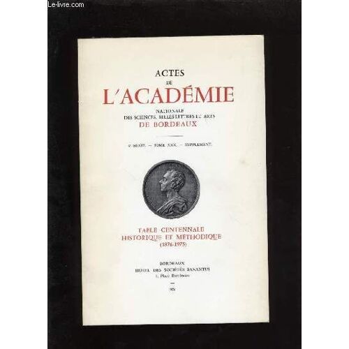 Actes De L'académie Nationale Des Sciences, Belles-Lettres Et Arts De Bordeaux. Table Centenale Historique Et Méthodique - Supplément