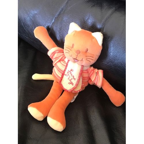 Doudou Peluche Chat Sucre D'orge Orange Jaune Echarpe 21cm 