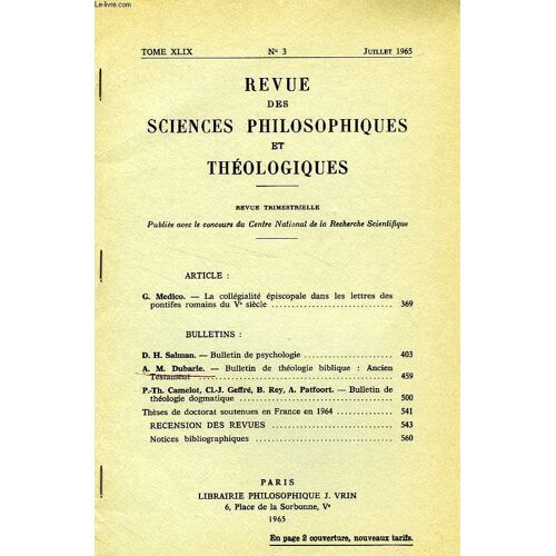 Revue Des Sciences Philosophiques Et Theologiques, Tome 49, N° 3, Juillet 1965, Extrait, Bulletin De Theologie Biblique, Ancien Testament