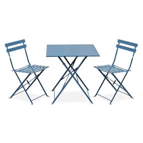 Salon De Jardin Bistrot Pliable - Emilia Carré Bleu Grisé - Table 70x70 Cm Avec Deux Chaises