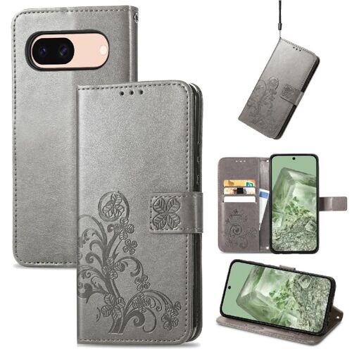 Flip Étui Pour Google Pixel 8a Étui En Cuir Couverture Rabotant Sangle Courte Affaires Exquises Trèfle À Quatre Feuilles - Gris