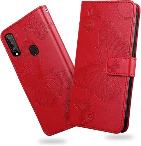 KAL-Coque Pour Galaxy A20S, Papillon Imprimé Housse En Cuir Pu Magnétique Portefeuille, Étui À Rabat Pour Samsung Galaxy A20S, Rouge