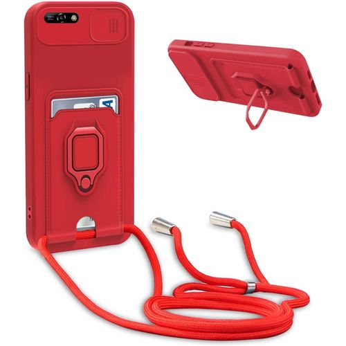 Coque Compatible Avec Huawei Y6 2018 / Honor 7a,Collier Pour Étui Colliers De Cellulaire Réglable Lanyard Silicone Case,Protection Caméra,Support Annulaire,Fentes Pour Cartes,Rouge