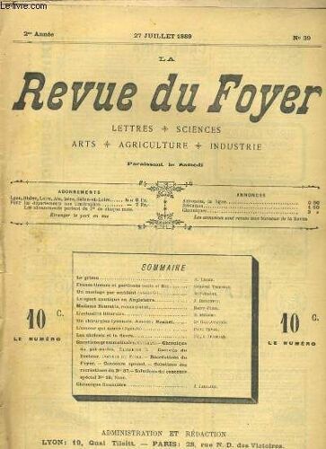 La Revue Du Foyer. Lettres, Sciences, Arts, Agriculture, Industrie. 2e Annee N° 39. Le Grisou, Francs-Tireurs Et Partisans (Suite Et Fin), Le Sport Nautique En Angleterre, Un Chirurgien ...