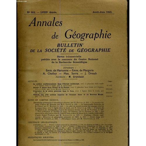 Annales De Geographie, Bulletin De La Societe De Geographie N° 310 - Lviiie Annee - La Surface Posthercynienne Dans L'europe Occidentale