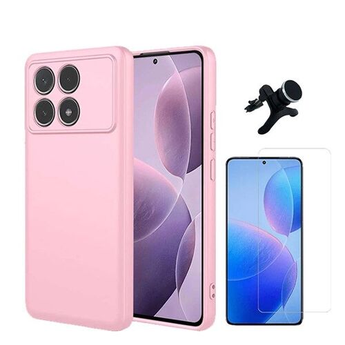 Kit Verre Trempé Clearglass + Housse Silicone Liquide + Support De Voiture Magnétique Phonecare Compatible avec Xiaomi Poco F6 Pro - Rose