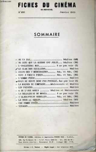Fiches De Cinema N° 410 - Ah Ca Ira / Ah Dieu Que La Guerre Est Jolie / L'angleterre Nue / Le Clan Des Siciliens