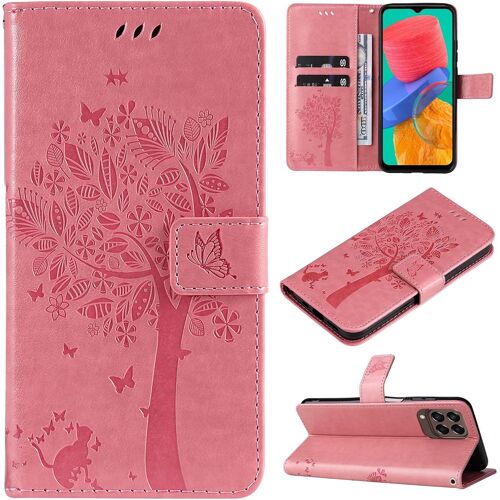KAL-Coque Compatible Avec Samsung Galaxy M33 5G - Cuir Flip Étui/Portefeuille Case Cover Housse Tpu Silicone - Arbre Et Chat - Rose Clair