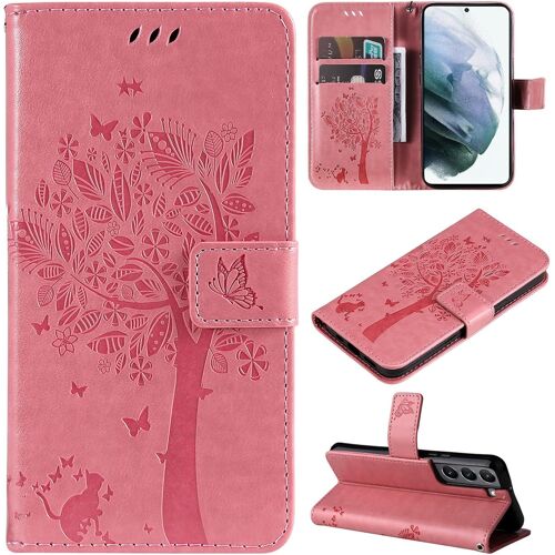 KAL-Coque Compatible Avec Samsung Galaxy S22 5G - Cuir Flip Étui/Portefeuille Case Cover Housse Tpu Silicone - Arbre Et Chat - Rose Clair