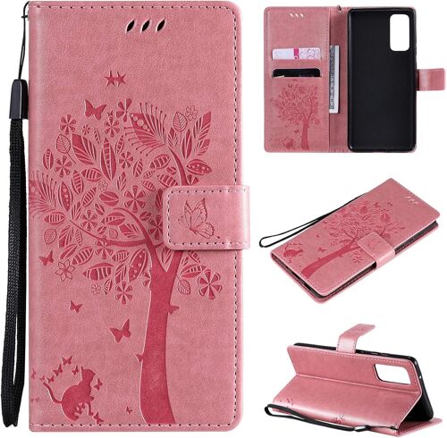 KAL-Coque Compatible Avec Samsung Galaxy S20 Fe 2022 - Cuir Flip Étui/Portefeuille Case Cover Housse Tpu Silicone - Arbre Et Chat - Rose Clair