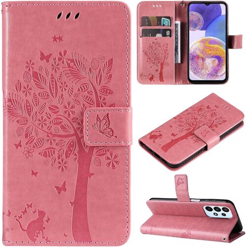 KAL-Coque Compatible Avec Samsung Galaxy A23 4G / F23 5G / M23 5G - Cuir Flip Étui/Portefeuille Case Cover Housse Tpu Silicone - Arbre Et Chat - Rose Clair