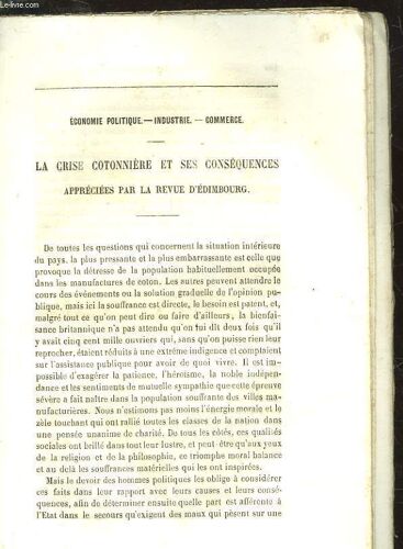 Extrait De La Revue Britanique - Economie Politique - Industrie - Commerce - La Crise Cotonniere Et Ses Consequences Appreciees Par La Revue D'edimbourg