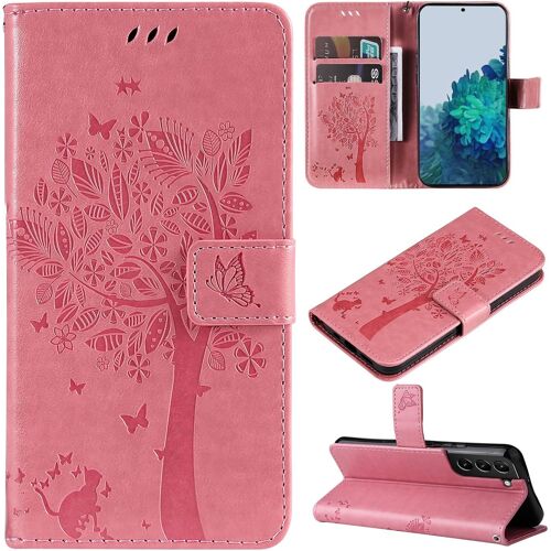 KAL-Coque Compatible Avec Samsung Galaxy S22+ / S22 Plus - Cuir Flip Étui/Portefeuille Case Cover Housse Tpu Silicone - Arbre Et Chat - Rose Clair